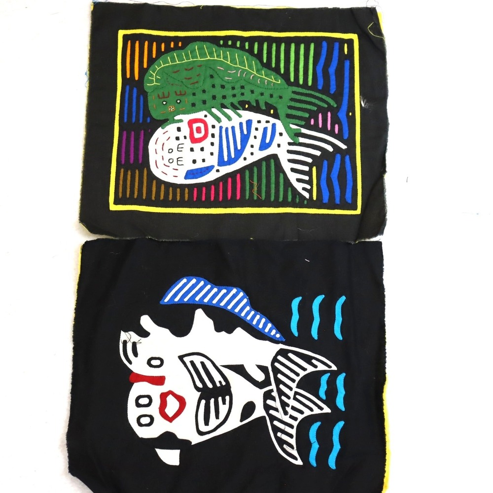 Vintage Kuna Mola Textile Panels Pair Folk Art Animals